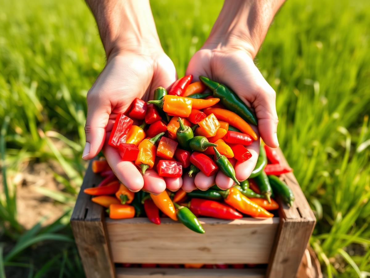 Hands holding a colorful pile of fresh peppers over a wooden crate